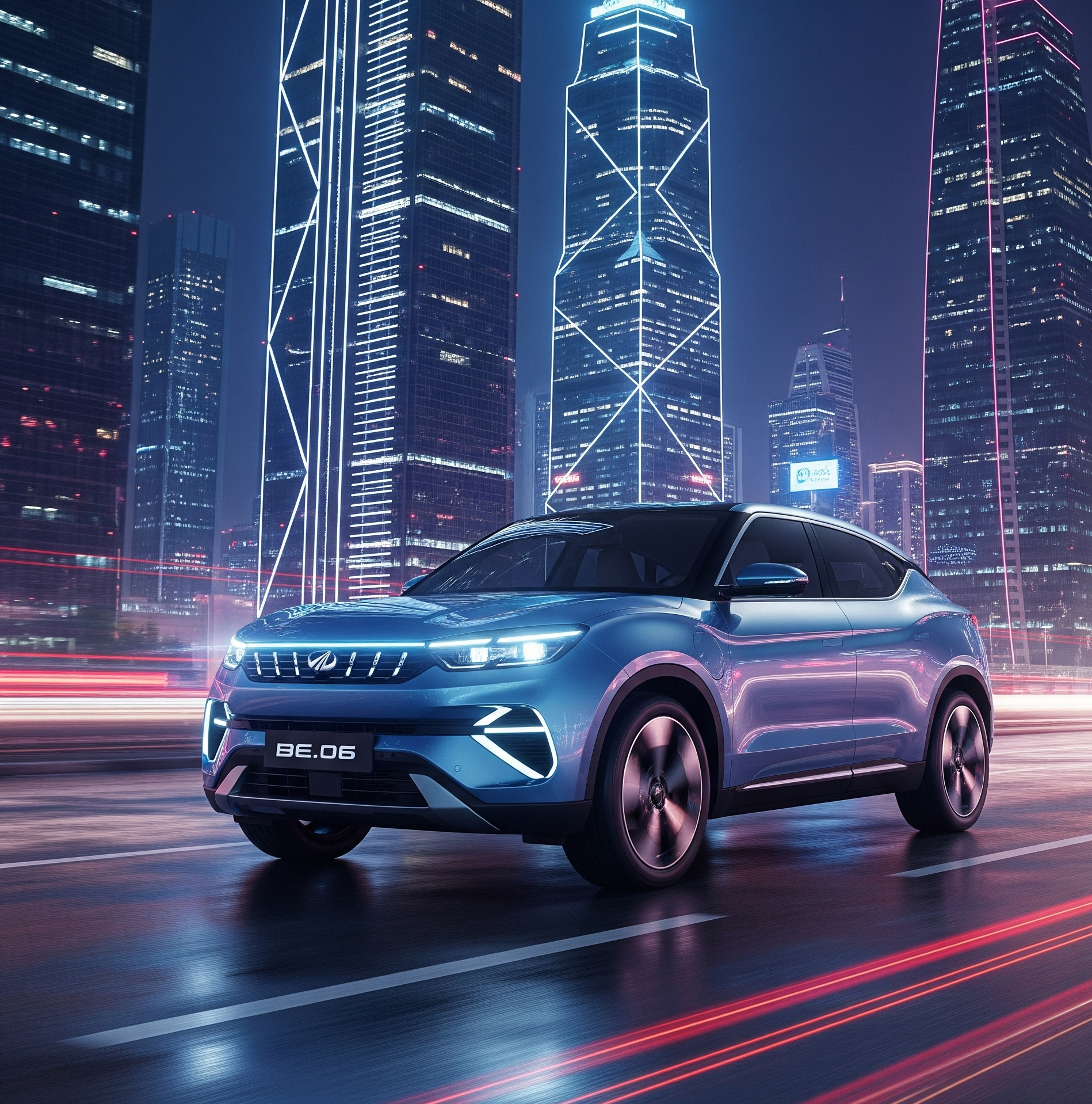 Mahindra BE 6 electric SUV with futuristic design, LED headlights, coupe-style roofline, and vibrant city background showcasing modern EV style.
