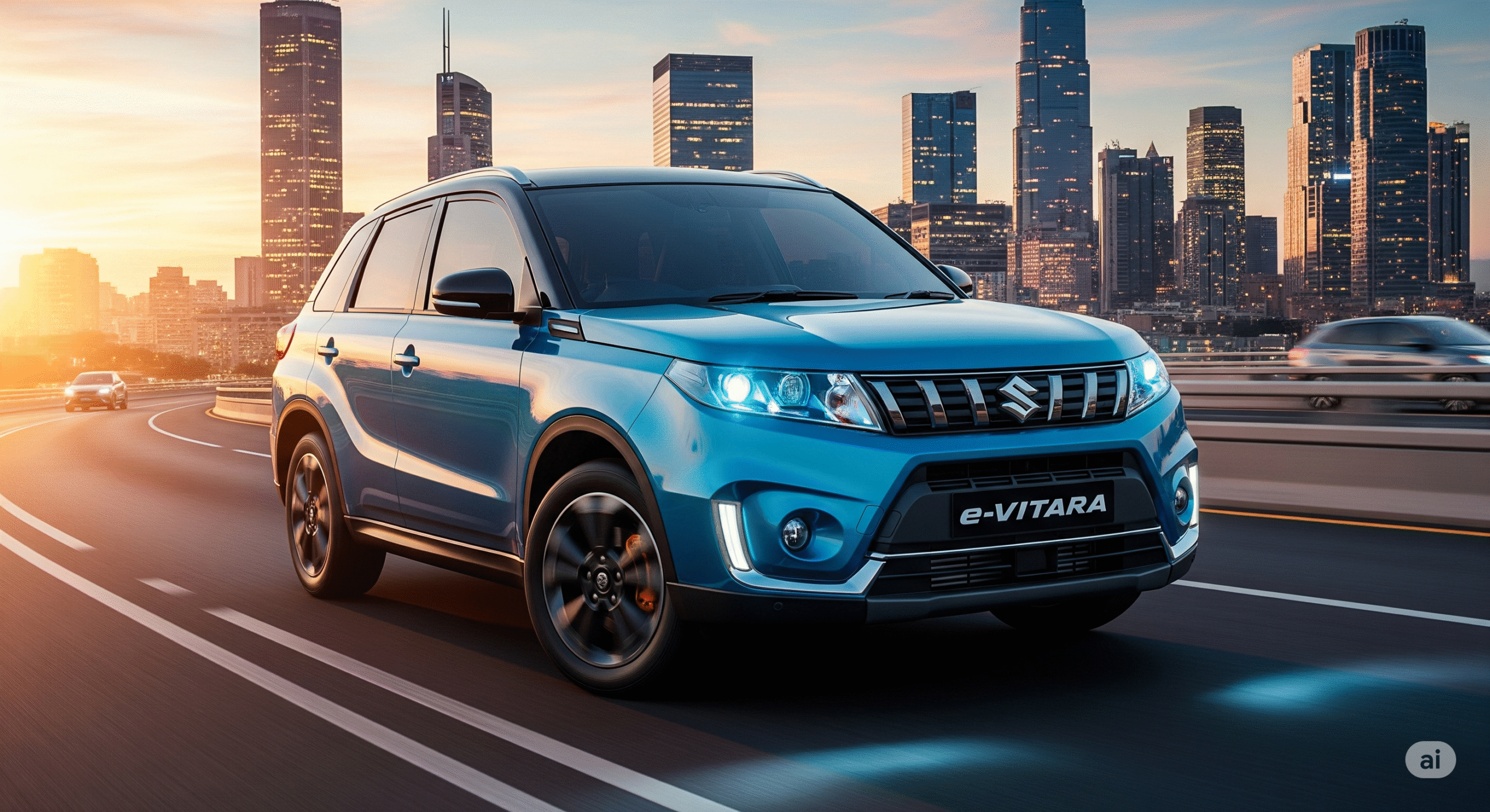 Maruti Suzuki e-Vitara electric SUV in metallic blue with LED headlights, sporty alloy wheels, and futuristic design – upcoming EV launch in India 2025.