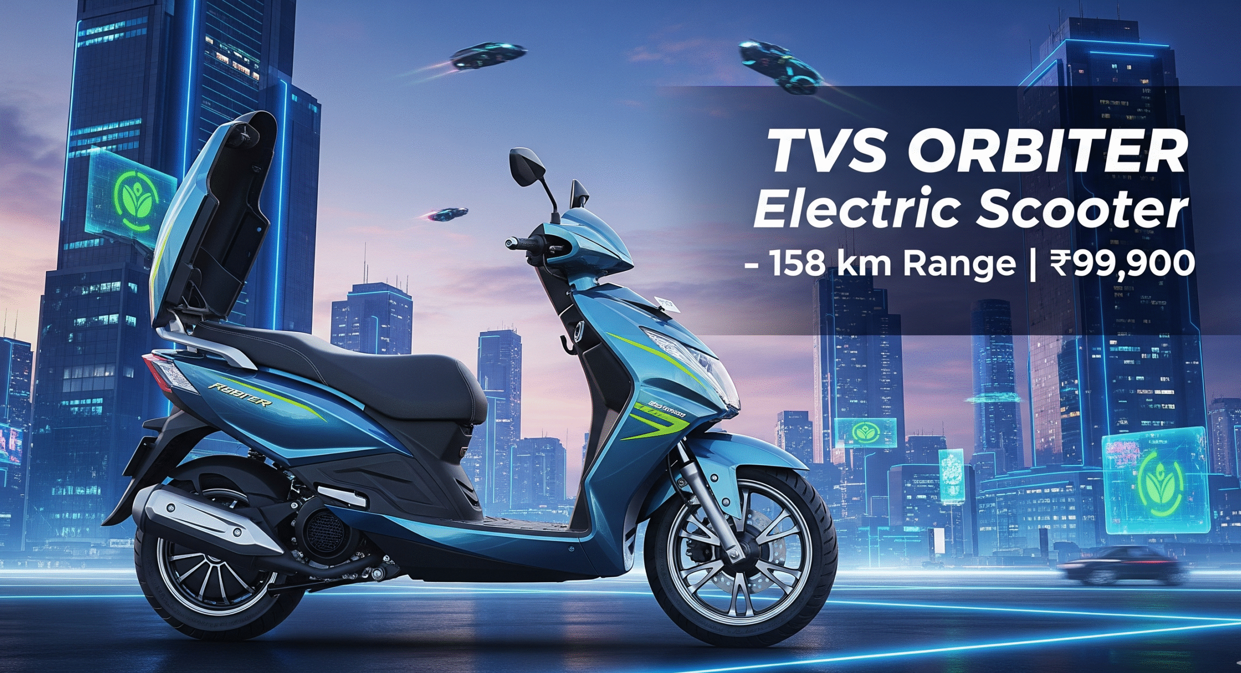 TVS Orbiter electric scooter launched in India with sleek modern design, 158 km range, and ₹99,900 price, showcased in a colorful 16:9 promotional banner with futuristic background