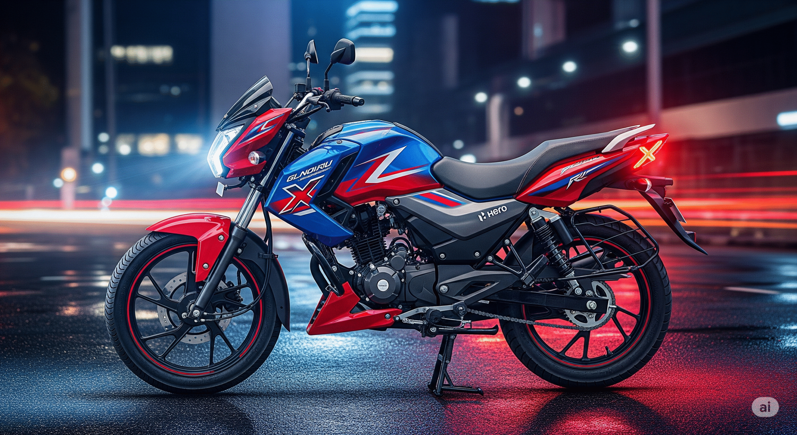 Hero Glamour X 125cc motorcycle with sporty design, alloy wheels, LED headlamp, and vibrant graphics, showcased in a colourful urban background.