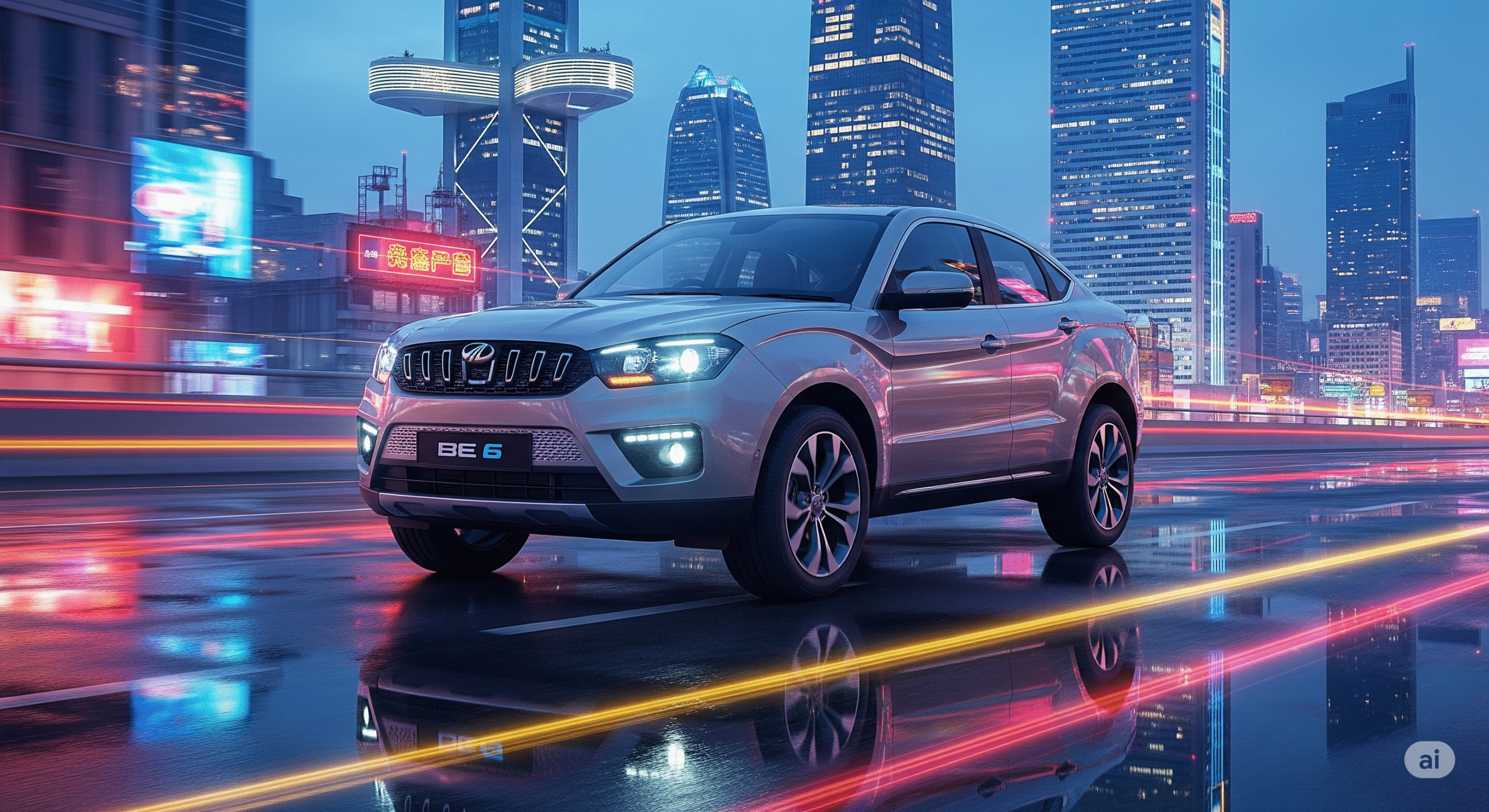 Mahindra BE 6 electric SUV with futuristic design, LED headlights, coupe-style roofline, and vibrant city background showcasing modern EV style.
