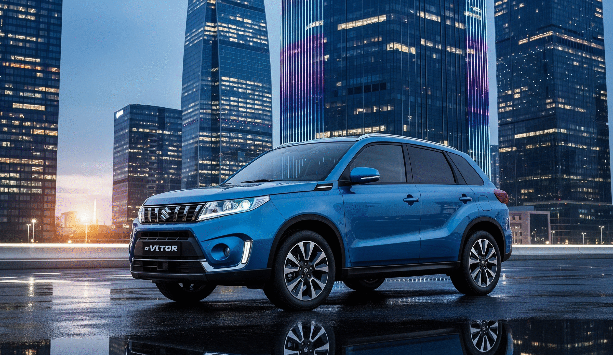 Maruti Suzuki e-Vitara electric SUV in metallic blue with LED headlights, sporty alloy wheels, and futuristic design – upcoming EV launch in India 2025.