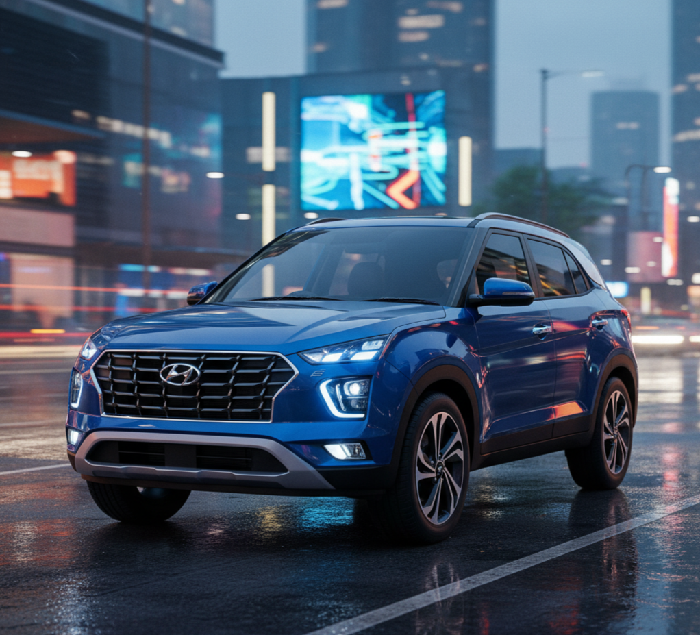 Hyundai Creta EV displayed in a modern showroom with sleek design and premium styling for customers.