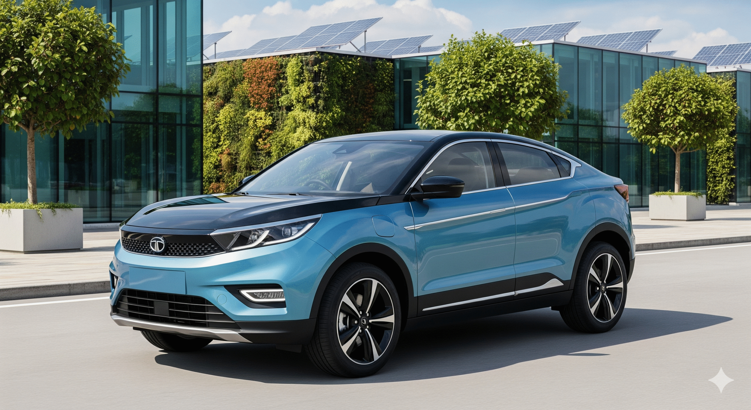 TATA Curvv EV electric SUV with futuristic coupe design and TATA EV banner, displayed in a colorful modern urban background.