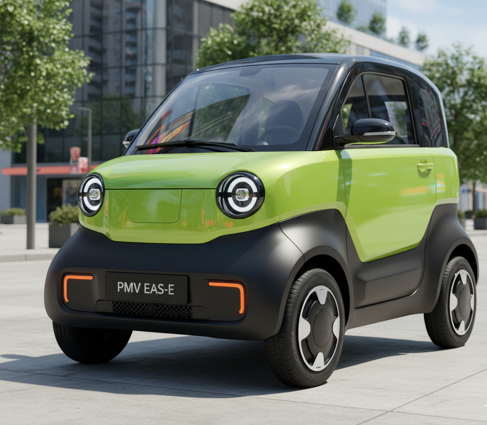 PMV EaS-E, India’s most affordable 2-seater electric car, displayed in a colorful urban background with sleek design and compact body in 16:9 format.