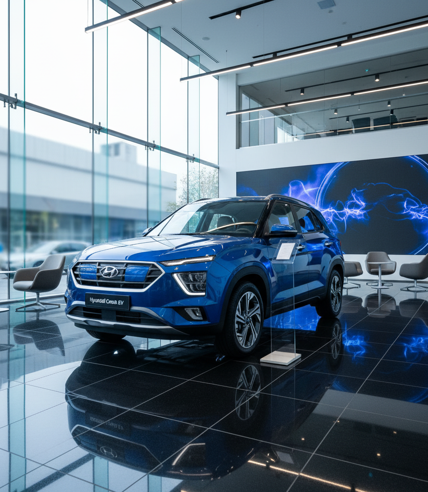 Hyundai Creta EV displayed in a modern showroom with sleek design and premium styling for customers.