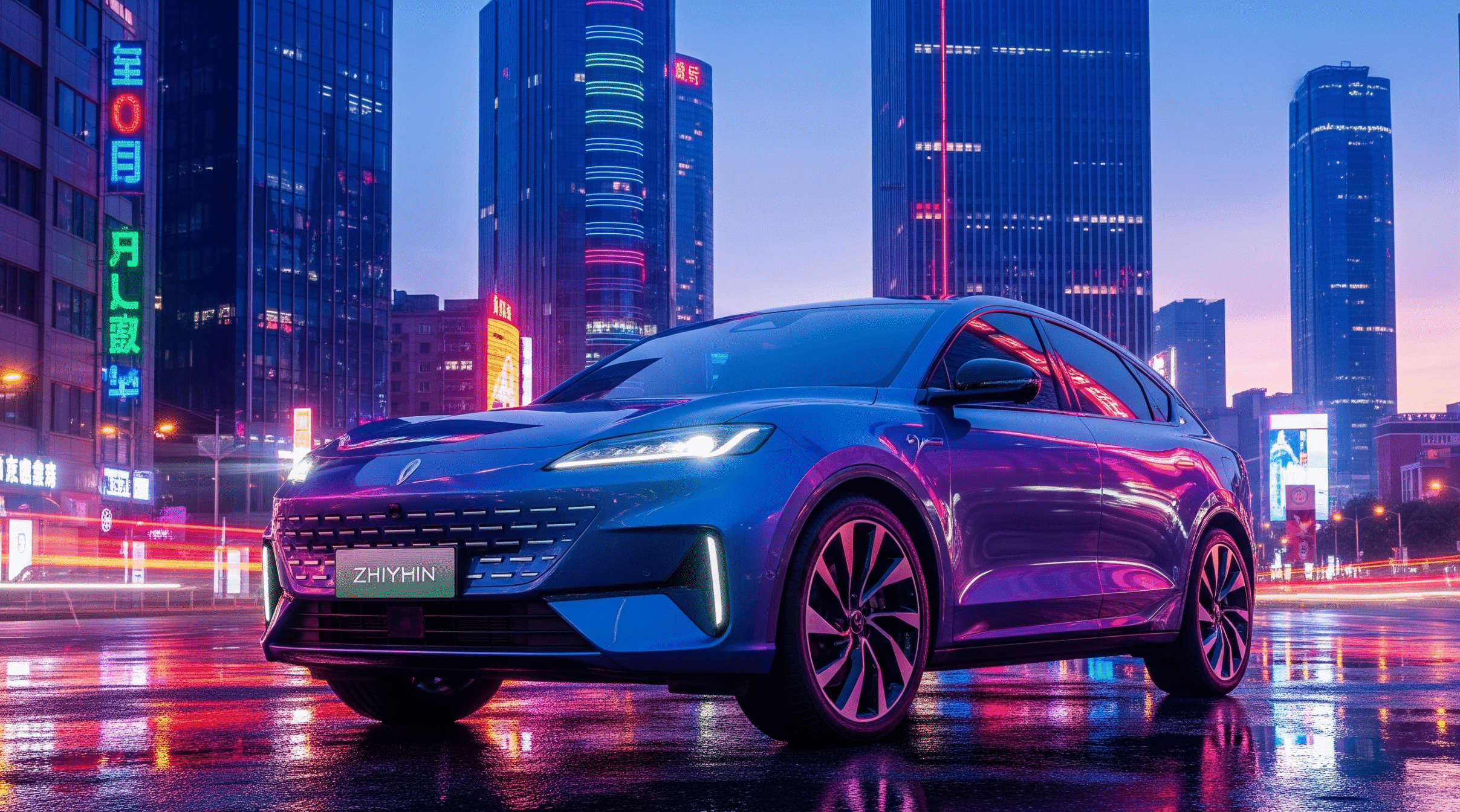 Voyah EV new launch – Voyah Zhiyin (Courage) premium electric SUV with futuristic design, LED headlights, and illuminated grille in a modern city backdrop.