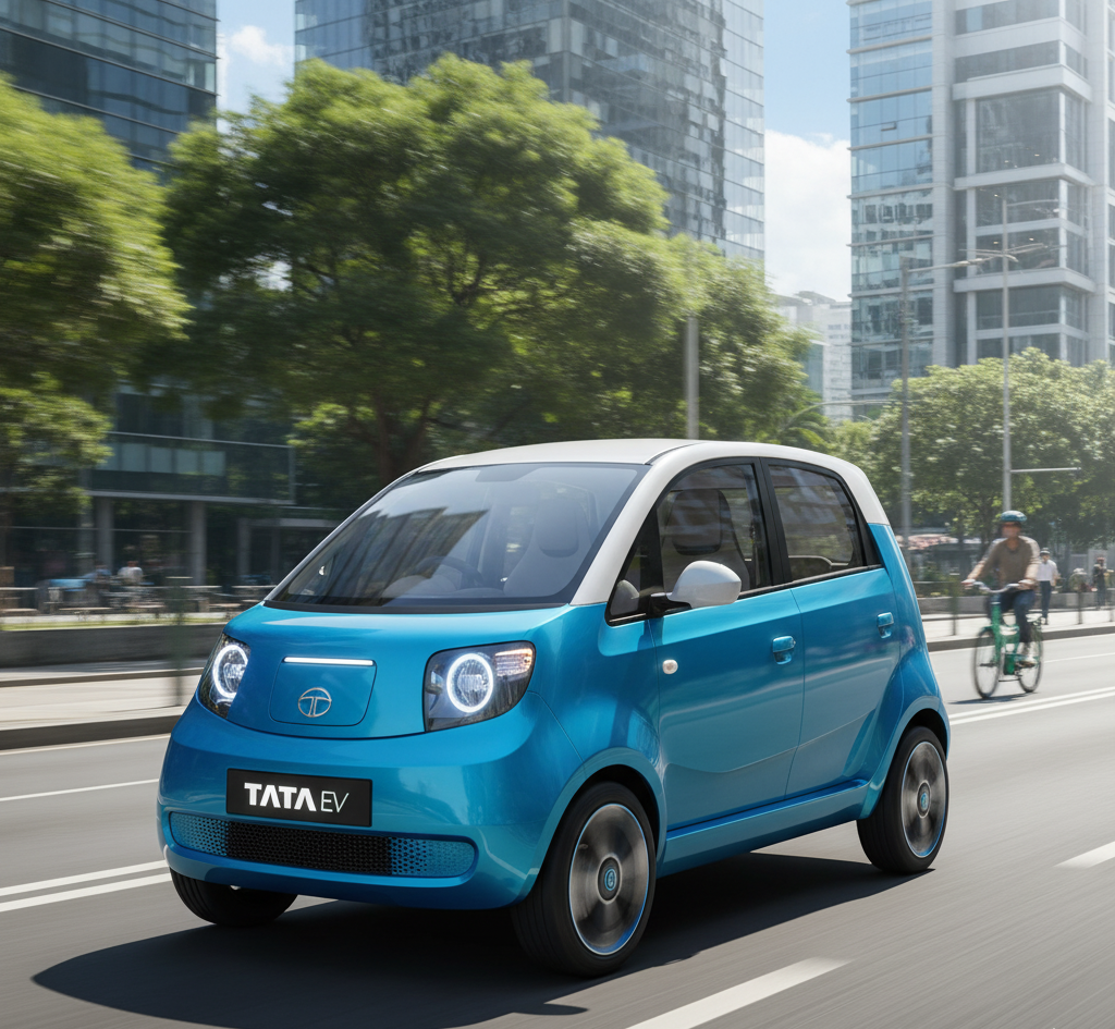 Tata Nano EV, an affordable compact electric car in India, shown in a bright modern setting with sleek eco-friendly design.