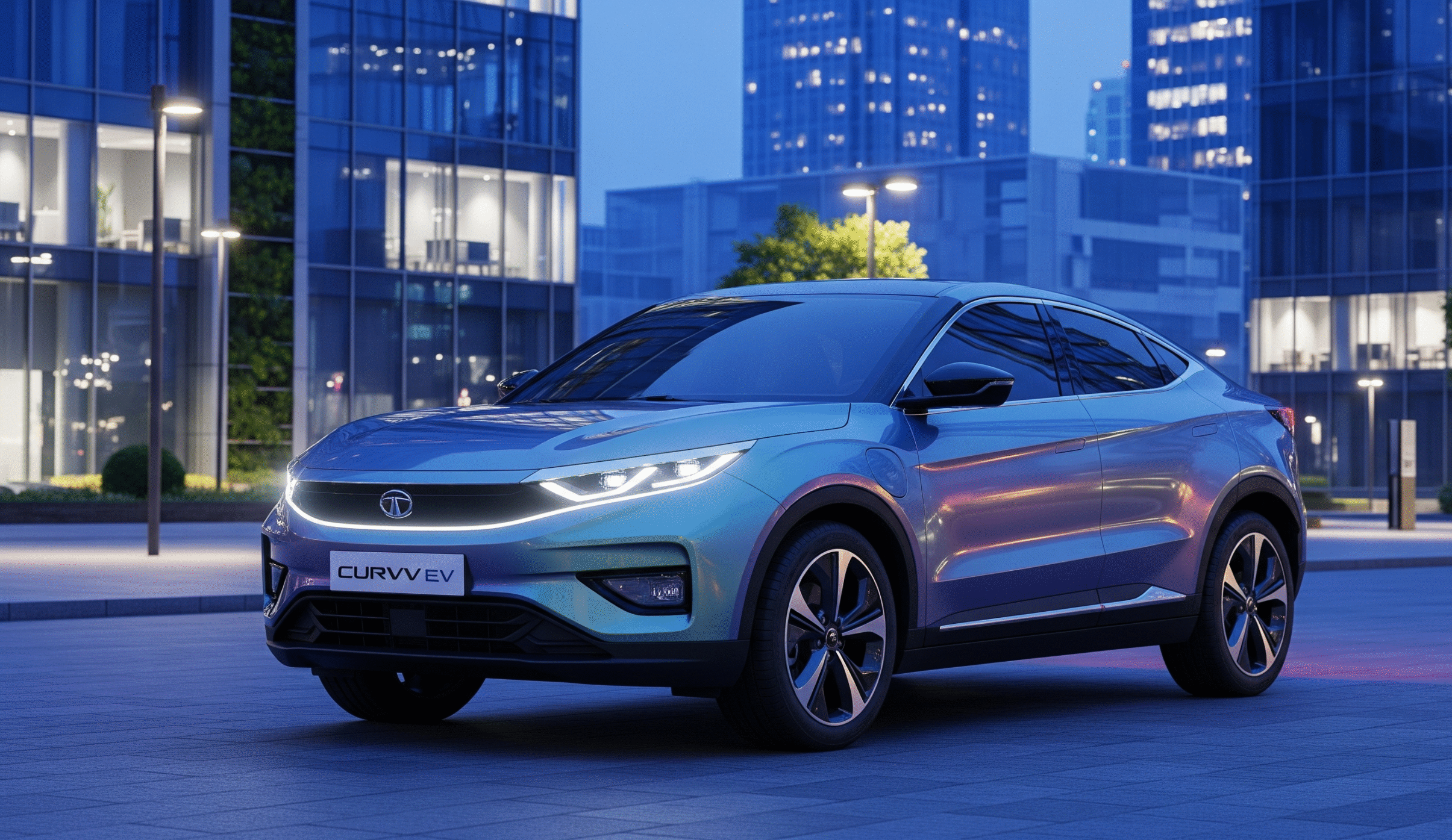 TATA Curvv EV electric SUV with futuristic coupe design and TATA EV banner, displayed in a colorful modern urban background.