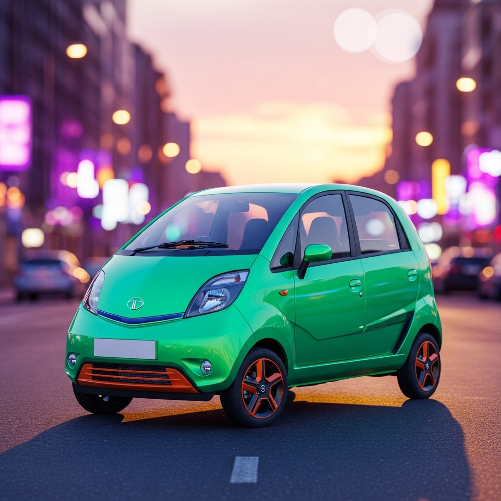 Tata Nano EV, a compact and affordable electric car in vibrant colors, designed for city driving with modern LED headlights, stylish alloy wheels, and eco-friendly design.