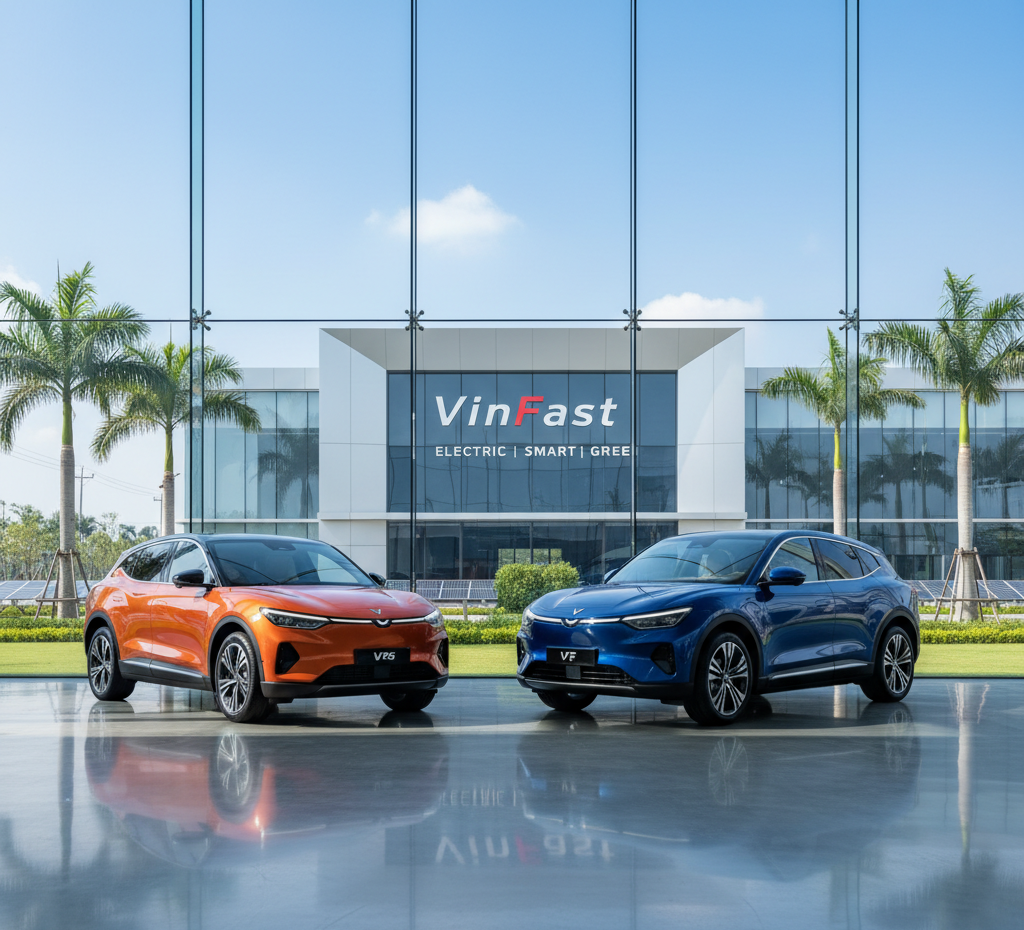 VinFast VF6 and VF7 electric SUVs parked in front of a modern VinFast showroom, showcasing their sleek design and premium electric style under a bright blue sky.