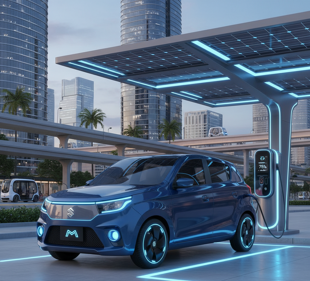 A futuristic Maruti Alto Electric car in blue color parked at an EV charging station, showcasing compact design and modern styling.
