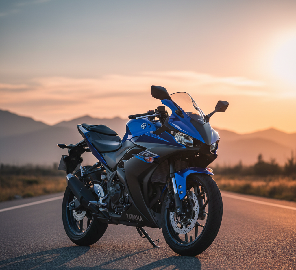 Yamaha YZF-R3 sport motorcycle parked on an open road with aerodynamic design, blue and black bodywork, and modern LED headlights in a 16:9 featured image.