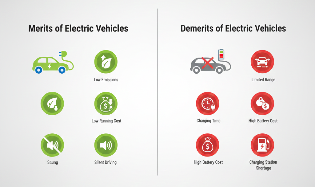 Infographic showing merits and demerits of electric vehicles with eco-friendly benefits and charging challenges.